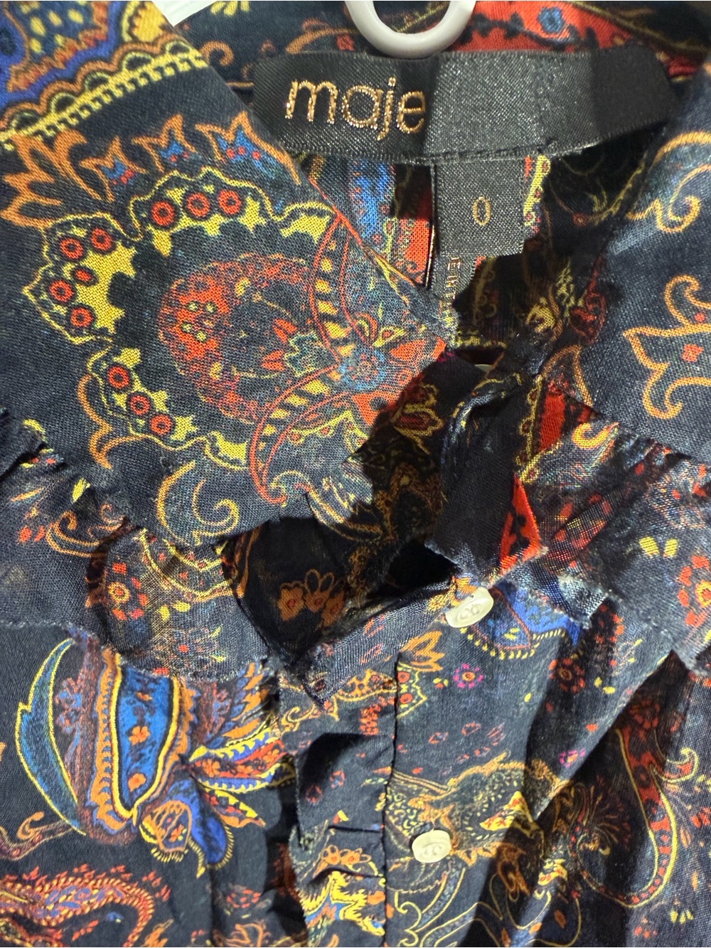 Maje Paisley-print Ruffled Cotton Shirt In Navy- Size 0 - Picture 13 of 14